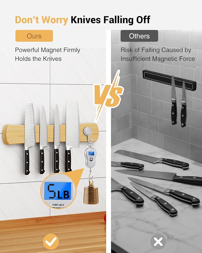 Magnetic Knife Holder, 16 Inch Bamboo Wood Knife Strip for Wall or Fridge | Fridge Magnetic or Screw-Mounted, Strong Magnet Secures Knives, Space-Saving, Kitchen Knife Storage, Housewarming Gift - Image 4