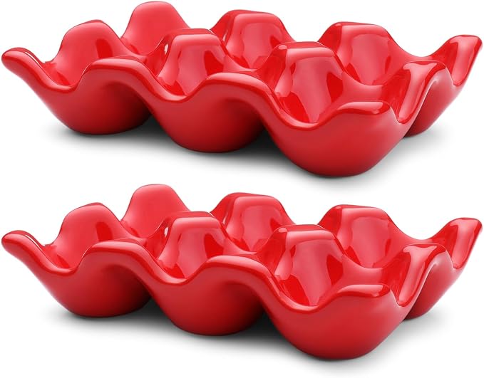 Flexzion Ceramic Egg Tray - 6 Egg Capacity Half Dozen Holder, Red Decorative Serving Dish and Storage Organizer, 2 Pack - Image 2