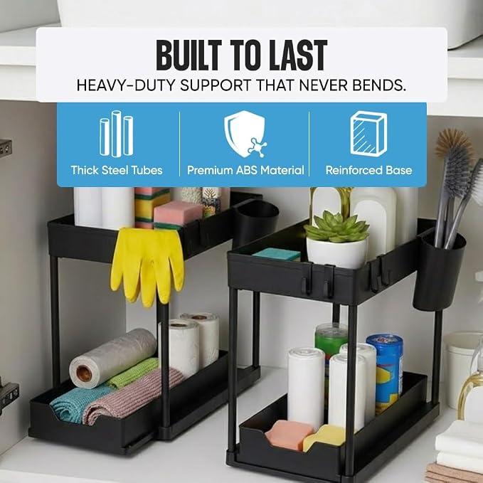 Undersink Organizer, 2-Tier Under Sink Storage Rack with Sliding Drawers for Kitchen Bathroom Cabinets, Pull Out Organizer for Pantry, Laundry Room & Closet Organization - 1 Pack, Black - Image 4