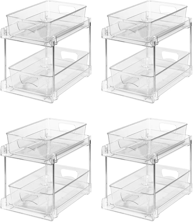 4 Pack Clear Bathroom Organizers and Storage, 2 Tier Pull Out Under Sink Cabinet Organizer Plastic Drawer Organization and Storage for Bathroom and Kitchen by world-in-one