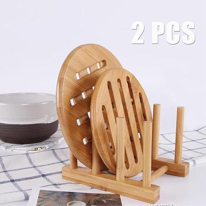 Bamboo Wooden Dish Rack Drying for Kitchen Dish/Plate/Bowl/Cup/Pot Lid/Book | 2PCS Rack Cutting Board/Pot Lid Organizer Drying Rack Stand Drainer Holder for Living Room, Study, Display Cabinet,Keep Dry - Image 2