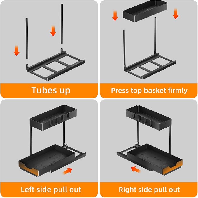 Simple Trending Under Sink Organizer 2 Pack, 2 Tier with Sliding Basket | Multi-Use Cabinet Organizer for Kitchen & Bathroom, Sink Storage Basket with 4 Hooks, L-shape, Easy Assembly, Black - Image 7
