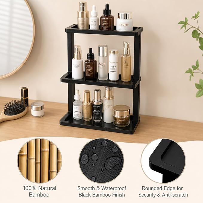 PEKER Bamboo Bathroom Organizer Countertop – Vanity Storage Shelf for Makeup, Perfume, Skincare – Natural Cosmetics Display Rack for Dresser, Sink, Kitchen – Black - Image 5
