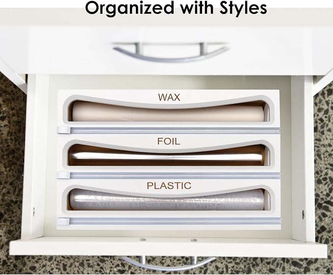 Bamboo Wrap Dispenser with Cutter, Plastic Wrap Organizer, Aluminum Foil Organization, and Wax Paper Dispenser Holder for Kitchen Drawer and Wall, Compatible with 12" Roll (02 White) - Image 2