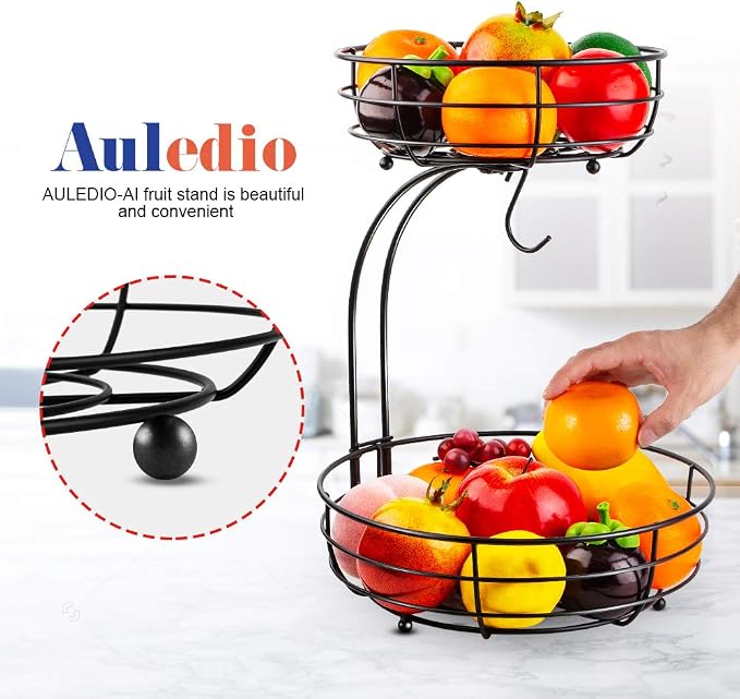 Auledio Iron 2-Tier Countertop Fruit Vegetables Basket Bowl Storage With Banana Hanger, Black, 64 ounces - Image 6