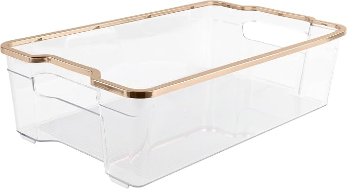 SIMPLEMADE Clear Refrigerator Organizer Bins - Clear Bins for Fridge, Containers for Fridge and Freezer, Multipurpose Storage for Kitchen, Office, Bathroom, Gold Rim (8.5" x 14.6") by simplemade