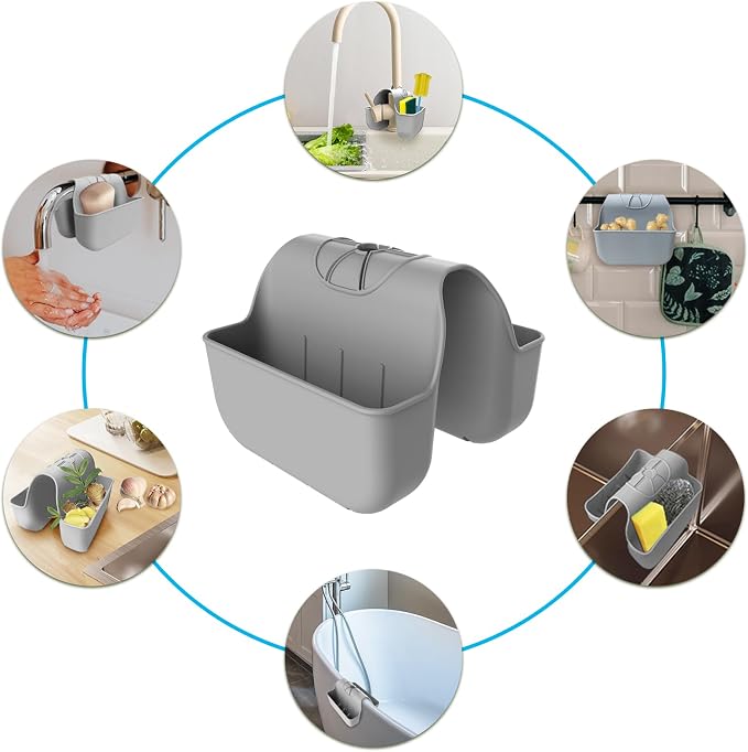 Sponge Holder for Kitchen Sink, Silicone Sink Saddle Caddy Organizer Rack, Sponges Holder Over Faucet, Hanging Kitchen Organizer Accessories Rack Basket Gray - Image 5