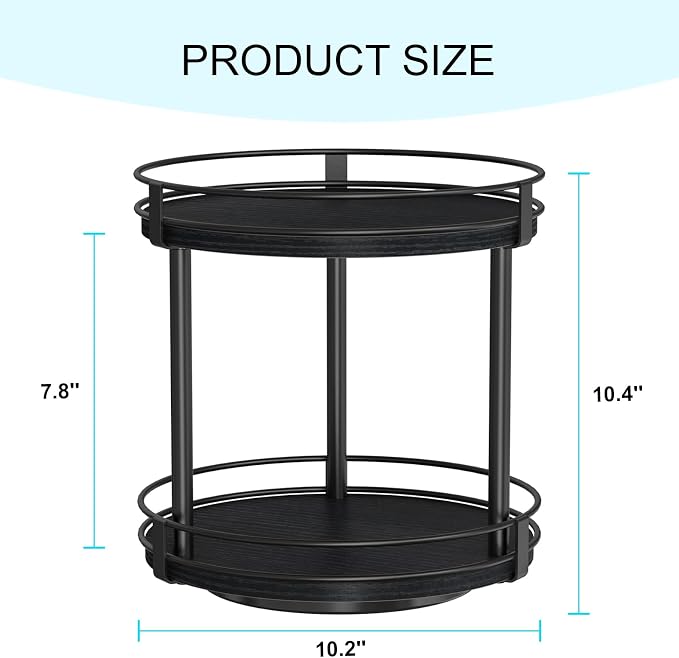 Snughome Lazy Susan Spice Rack, 2 Tier Rotating Spice Rack, Wood Lazy Susan Organizer for Cabinet, Black Kitchen Counter Shelf, 10.2" x 10.2" x 10.4" - Image 2