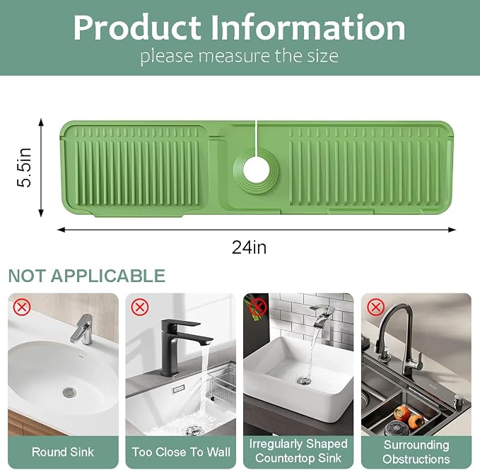 24 Inch Silicone Faucet Mat for Kitchen Sink Splash Guard Folding Faucet Mat with Button Lock Water Draining Pad for Kitchen Bathroom Bar(Green) - Image 2