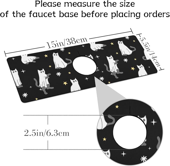 Halloween Kitchen Sink Splash Guard Faucet Mat,Black Cats Ghosts Halloween Faucet Non-Slip Absorbent Mat,Farmhouse Sink Splash Guard Behind Faucet for Kitchen Bathroom,15"x5.5" - Image 2