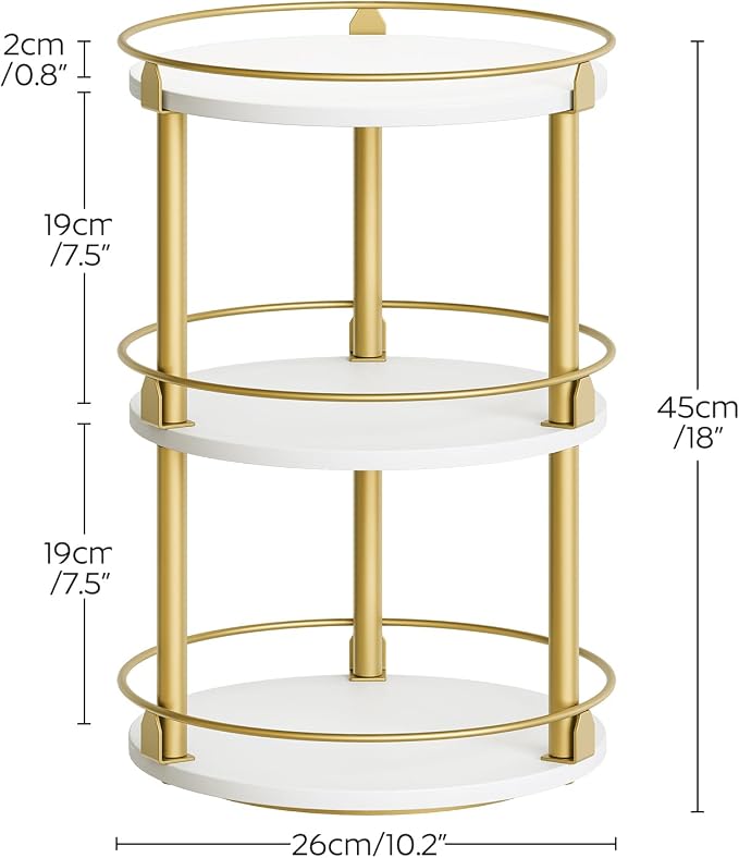 3-Tier Lazy Susan, Rotating Spice Rack, Spinning Organizer, Industrial Turntable Spice Rack for Cabinet, Kitchen Countertop, Pantry, White and Gold SR23DW - Image 9