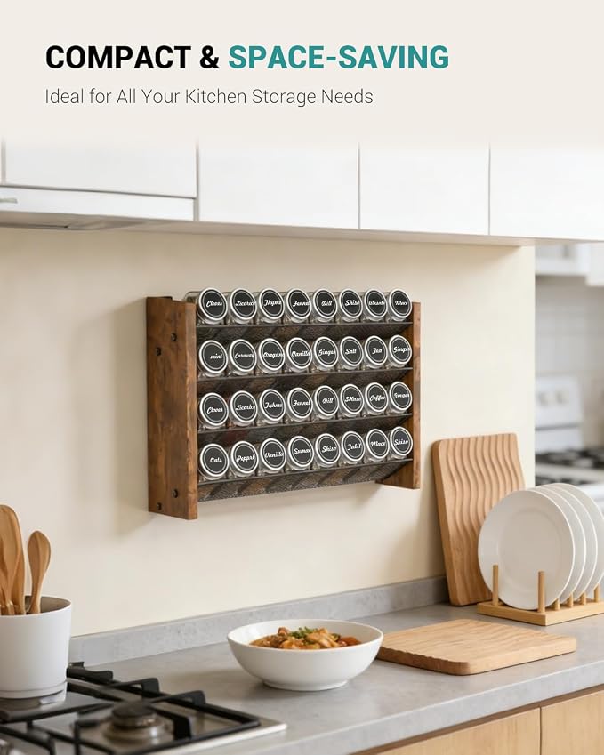 Spice Rack Organizer with 32 Glass Jars, for Cabinet Wall Mount Countertop | 4-Tier Seasoning Organizer with Labels, Chalk Marker & Funnel for Pantry, Kitchen Storage, Wood, 15.7 in W x 9.4 in H - Image 6