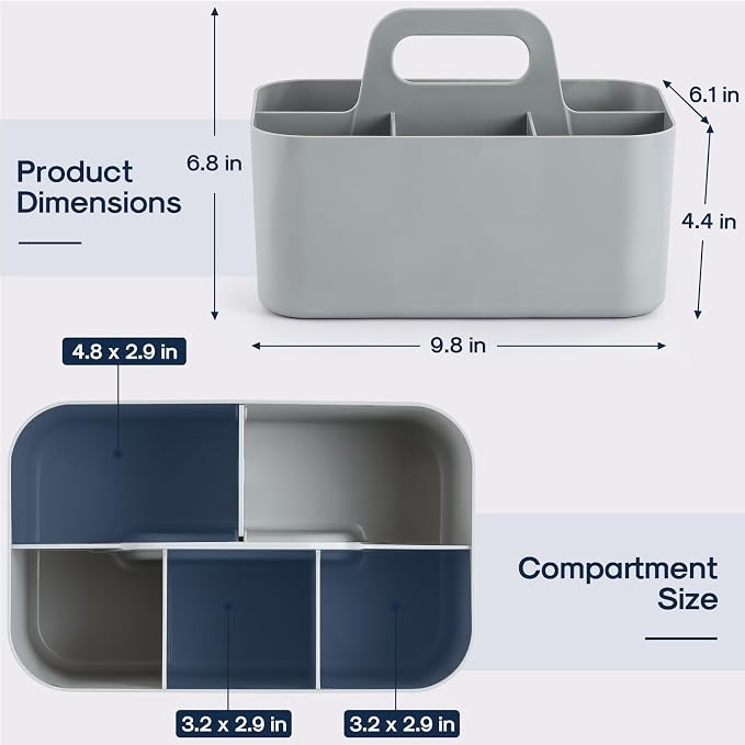 Multiuse Caddy Organizer with Handle, Portable Divided Plastic Tote Bin - Art Craft, Stationary Pen Marker Crayons, Makeup Hair Supplies Storage - Bathroom, Classroom, Dorm, Office, Desk Holder - Grey - Image 5