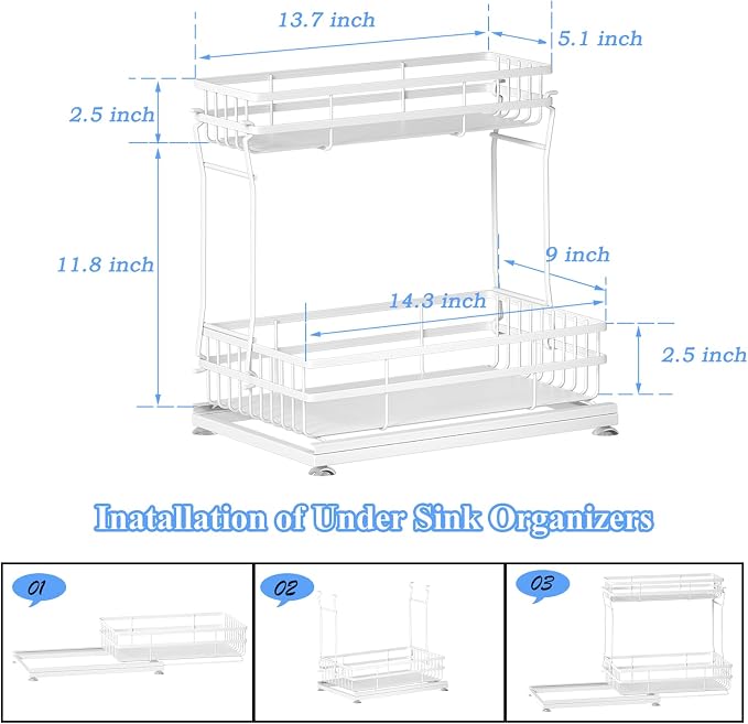 2 Pack Under Sink Organizers and Storage, 2 Tier Pull Out Cabinet Organizer, Metal Sliding Drawer Storage for Kitchen Bathroom, White - Image 5