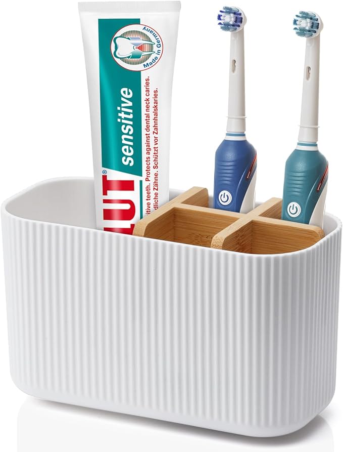 GFWARE White Toothbrush Holder, 5 Slots Bathroom Storage Organizer | Bamboo Toothbrush Holder, Kids Electric Toothbrush Holder and Toothpaste Storage for Bathroom Sink Organizer by GFWARE