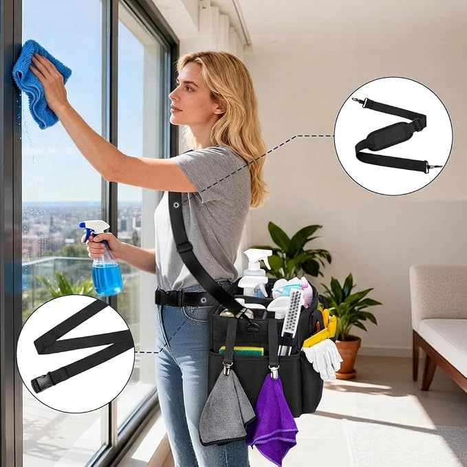 Ytonet Large Cleaning Bag, Adjustable Cleaning Caddy for Cleaning Supplies | Cleaning Supply Caddy with Handle & Adjustable Shoulder Strap and Waist Strap, Cleaning Tote for Housekeepers Cleaners, Black - Image 2
