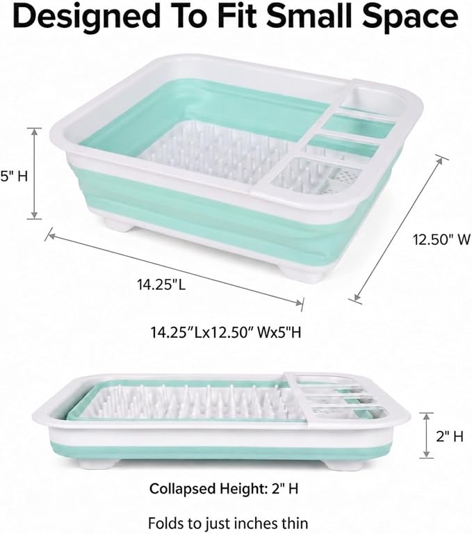 American Dream Collapsible Dish Drying Rack with Drainboard – Space-Saving Kitchen Dish Drainer with Utensil Holder, Blue - Image 2
