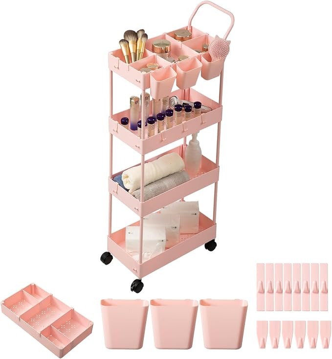 Danpinera 4-Tier Pink Slim Storage Cart, Narrow Laundry Cart with Wheels, Dividers, Hanging Cups, Hooks, Easy Assembly by danpinera