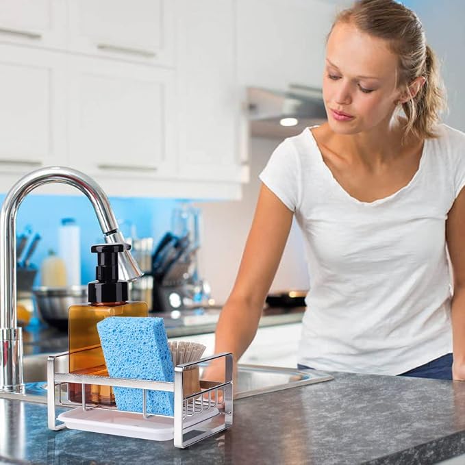 HULISEN Kitchen Sink Sponge Holder, 304 Stainless Steel Kitchen Soap Dispenser Caddy Organizer, Countertop Soap Dish Rack Drainer with Removable Drain Tray, not Including Dispenser and Brush | Removable Drain Tray, Holds Sponges Soap Bottles Brushes, C... - Image 7