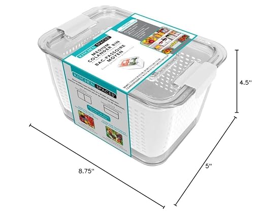 Kitchen Spaces Colander Bin, Produce Saver, Fridge Organizer With Lid, Wash, Strain and Store, Great for Refrigerator, Freezer and Pantry, Medium, White, Pack of 1 - Image 2