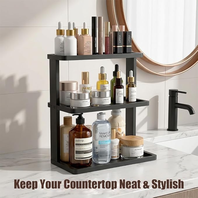 PEKER Bamboo Bathroom Organizer Countertop – Vanity Storage Shelf for Makeup, Perfume, Skincare – Natural Cosmetics Display Rack for Dresser, Sink, Kitchen – Black - Image 2