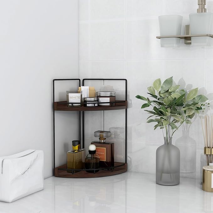 Dorhors Corner Bathroom Counter Organizer,Vanity Countertop Storage Shelf | 2-Tier Walnut Rack Holder for Skincare,Perfume,Makeup,Lotion,Wood Sink Tray Stand for Kitchen,Restroom,Dresser - Image 5