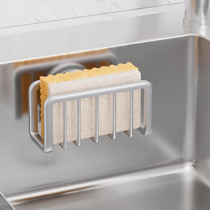 TAILI Rustproof Sponge Holder for Kitchen Sink with Suction Cup-Silver | Rustproof Aluminum Sink Caddy for Sponges, Brushes, Stoppers & Scrapers,Removable Ventilated Quick-dry Design, Holds Up 11lbs by TAILI