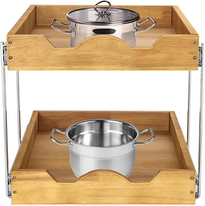 DINDON 2 Tier Pull Out Cabinet Organizer (14" W x 21" D) Double Tier Slide Out Wood Drawer Under Cabinet Storage And Organization - Image 8