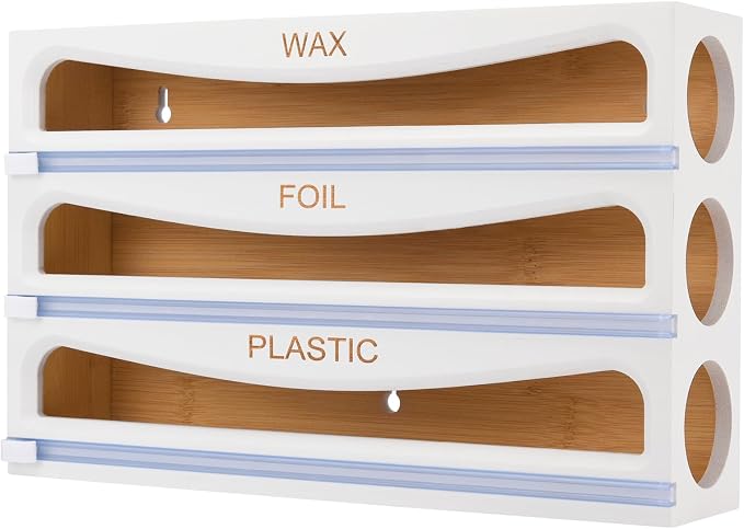 Bamboo Wrap Dispenser with Cutter, Plastic Wrap Organizer, Aluminum Foil Organization, and Wax Paper Dispenser Holder for Kitchen Drawer and Wall, Compatible with 12" Roll (02 White) by CozeeBay