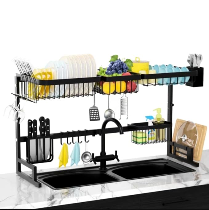 Over The Sink Dish Drainer Drying Rack,Stainless Steel Dish Dyring Rack Above Sink with Adjustable Height,Kitchen Counter Storage Shelf for Organizer Cookware,Cups,Cutting Board (33.4‘’-41.3‘’) by Unknown