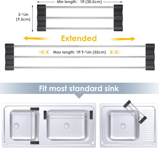 Tomorotec Adjustable Over-The-Sink Kitchen Rack, BPA-Free, Black | Holds 16.5 Lbs; For Dishcloths, Sponges, and Brushes - Heat-Resistant Stainless Steel with Slim, Expandable Design - Image 4