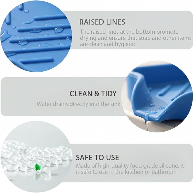 MicoYang Silicone Soap Dish with Drain Spout, Self-Draining Sink Organizer Tray for Bathroom & Kitchen, Sponges, Dispensers & Soap Holder, Non-Slip & Dishwasher Safe, Lichen Blue (Compact, 4.9"×3.2") - Image 8