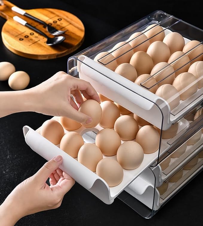 SYLAB Egg Holder for Refrigerator - 32 Eggs Capacity, 2-Tier Stackable Auto-Rolling Egg Container with Drawer & Handles - Clear BPA-Free Egg Storage Organizer for Fridge, Kitchen Countertop & Pantry - Image 9
