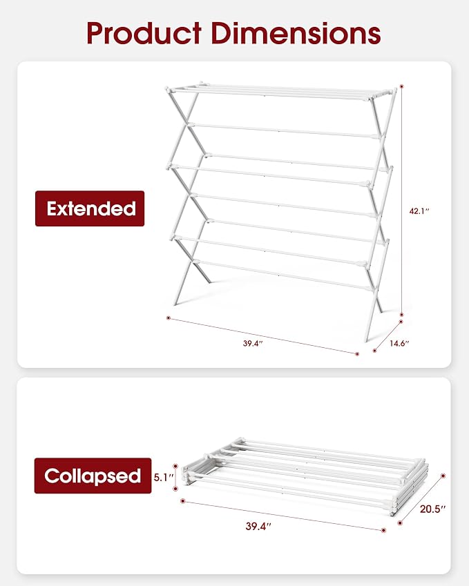 Sakugi Foldable 3-Tier Clothes Drying Rack 42.1" H with Non-Slip Feet | Indoor & Outdoor Use, Space Saving, Metal Frame, 14.6" D x 39.4" W, White - Image 3