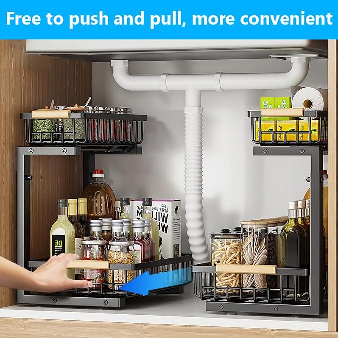 Merrylun Under Sink Organizers, 5 Adjustable Height,Metal Pull Out Under Sink Organizers and Storage Shelves with Sliding Drawer, Black 1pack（Hight 13.6″-16.9″） - Image 3