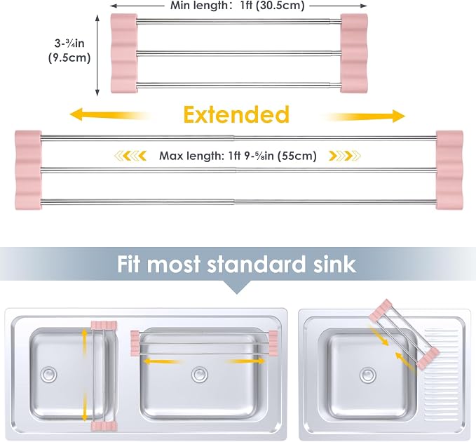 Tomorotec Adjustable Over-The-Sink Kitchen Rack, BPA-Free, Pink | Holds 16.5 Lbs; For Dishcloths, Sponges, and Brushes - Heat-Resistant Stainless Steel with Slim, Expandable Design - Image 4