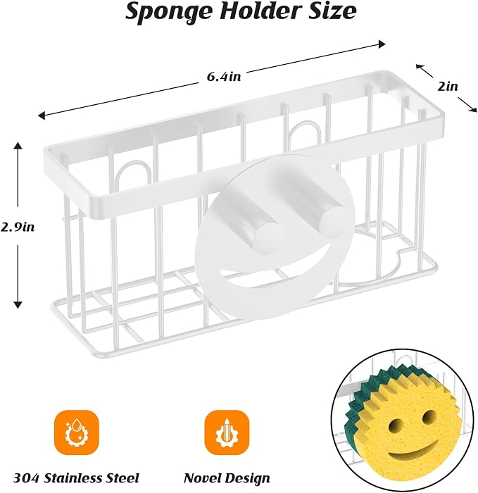 Sponge Holder Smiley Face, Sink Organizer with 2 Suction Cups/1 Adhesive Strips, Designed for Sponge, Soap, Dish Brush, Scrubber - White - Image 2