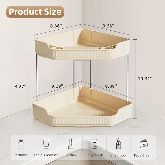 VITVITI 2 Tier Corner Bathroom Counter Organizer, Bathroom Countertop Organizer Storage for Sink, Plastic Makeup Organizer for Vanity Countertop Kitchen with Hooks, Clear, Cream White - Image 6