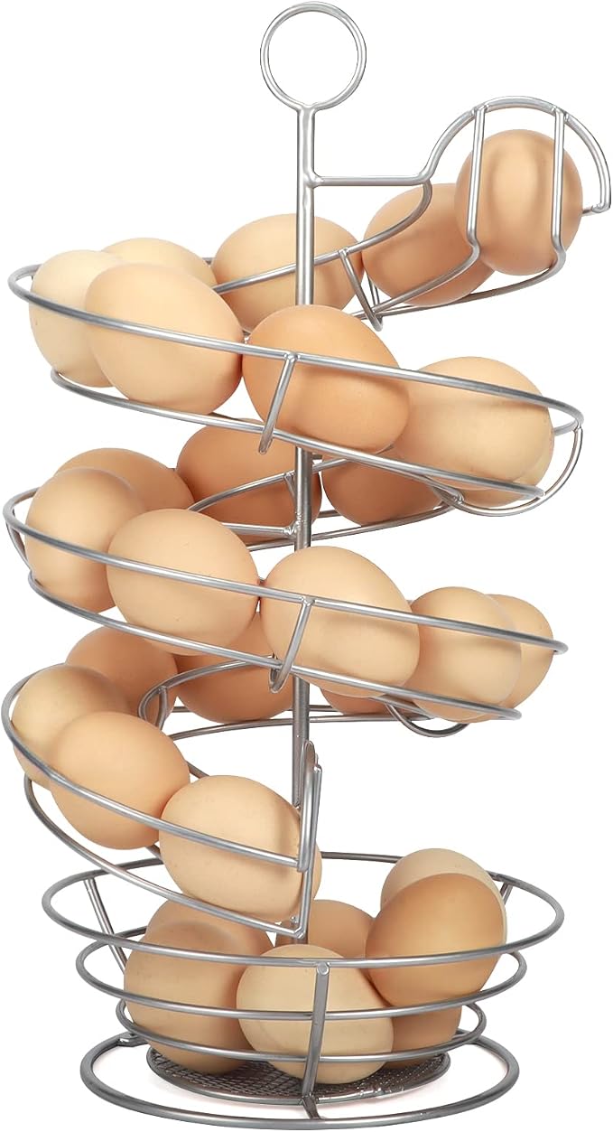 QUTREY Silver Metal Egg Holder Countertop, Spiral Design Egg Skelter Dispenser Rack with Egg Storage Basket for Kitchen by QUTREY