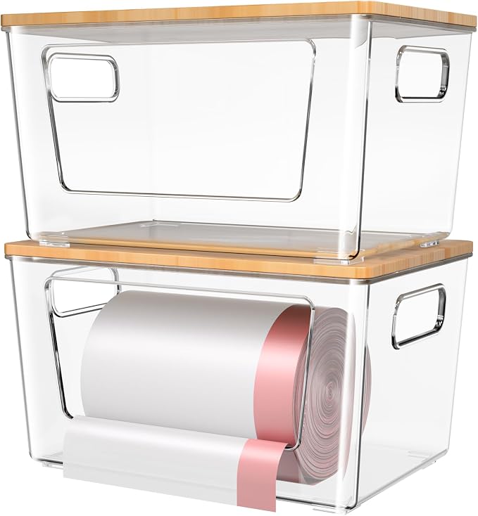 spospo 2 Pack Trash Bag Holder with Bamboo Lid Stackable Trashbag Dispenser | Extra Large Garbage Bag Holder for Kitchen Laundry Room Under Sink Organization and Storage by SPOSPO