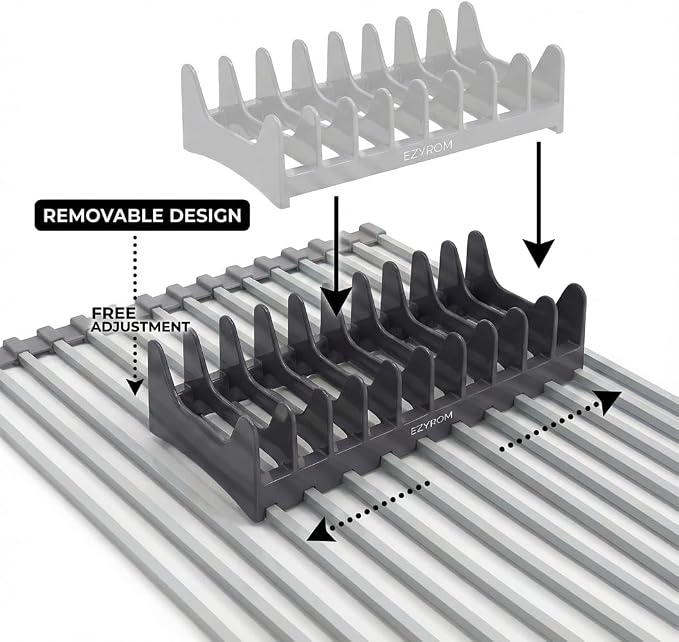 Large Aluminum Roll Up Dish Drying Rack 20.5" x 13" with Dish Holder | Square aluminum bars, Available in 3 sizes & 2 colors, Rolls up for easy storage, Removable dish holder, Heat resistant - Image 7