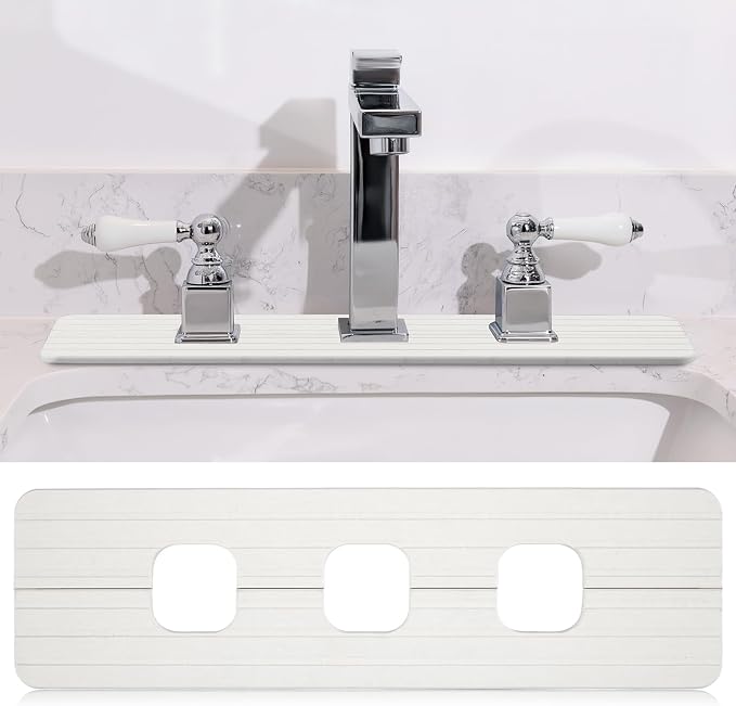 Teenyyou 3 Square Hole White Faucet Mat Kitchen Sink 16.14" x 4.49" | Bathroom Faucet Absorbent Mat,Diatomite Splash Guard,Quick Drying Drip Catcher,Hole 1.97",Holes Spaced About 1.97" by Teenyyou