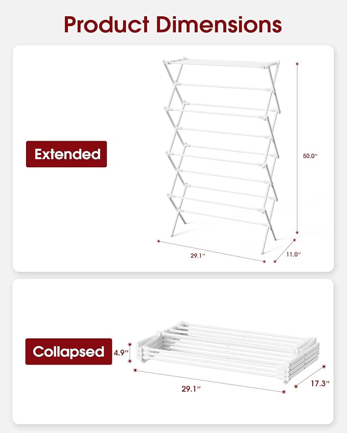 Sakugi Foldable 4-Tier Clothes Drying Rack 50.0" H with Non-Slip Feet | Indoor & Outdoor Use, Space Saving, Metal Frame, 11.4" D x 29.1" W, White - Image 3
