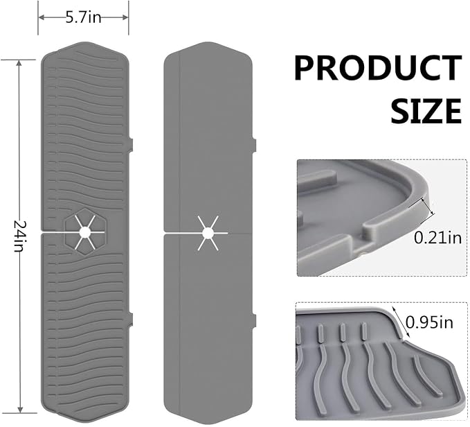 Large Size Kitchen Sink Splash Guard, 24"Silicone Faucet Handle Drip Catcher Tray Mat for for Kitchen Countertop, Bathroom, Farmhouse (Grey, 24" x 5.8") - Image 6