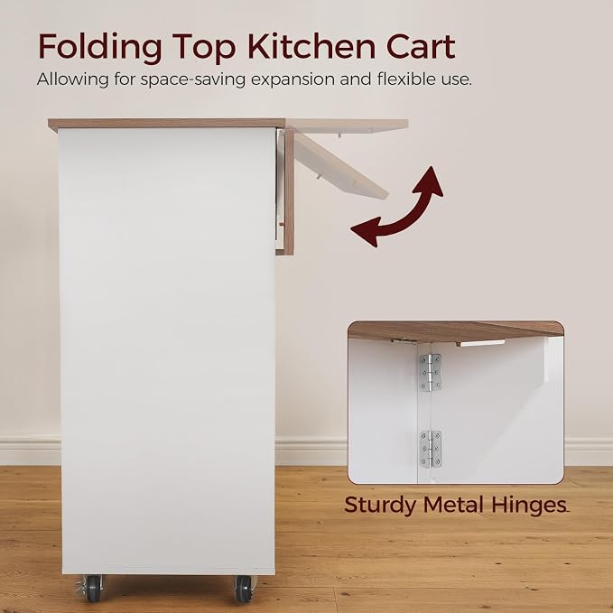 MAHANCRIS Kitchen Island on Wheels with Drop Leaf, Folding Countertop Kitchen Island Cart, Kitchen Island Table with Towel Rack, Drawer, for Kitchen, Dining Room, White and Walnut KIBZ12501 - Image 4
