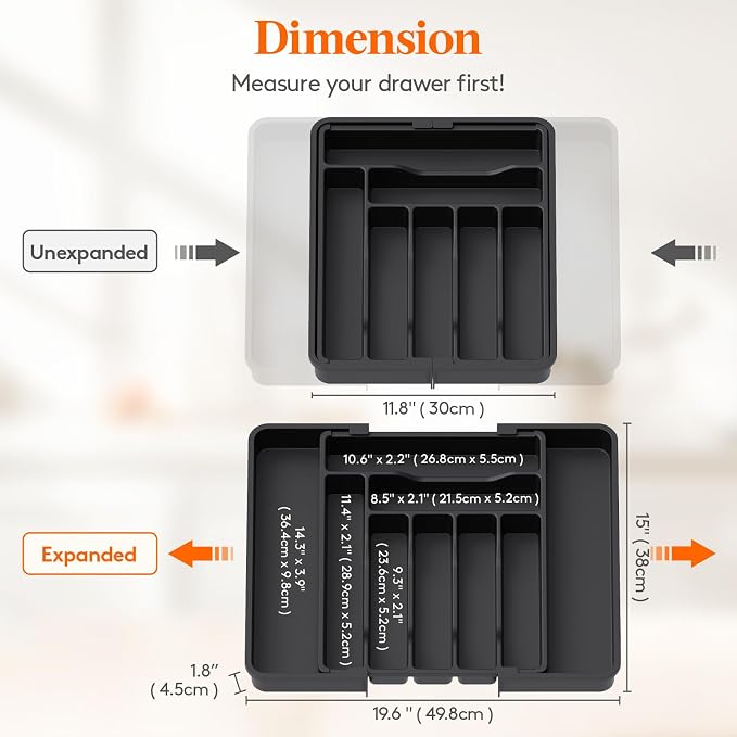 Lifewit Utensil Organizer for Kitchen Drawer, Expandable Cooking Silverware Tray, Adjustable Cutlery Flatware Holder, Plastic Spatula Tools Storage Divider, 11.8-19.6 x 15", Black - Image 3
