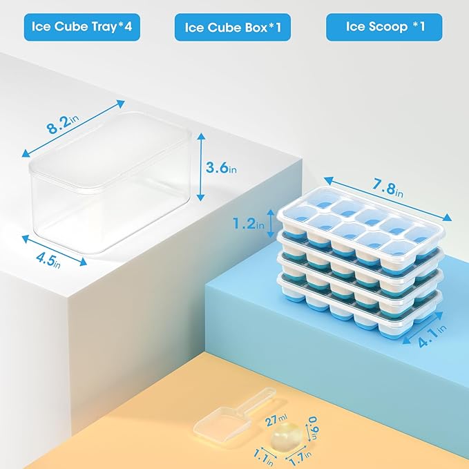 DOQAUS Ice Cube Tray with Lid and Bin,4 Pack Ice Cube Trays for Freezer | Silicone, Stackable. Easy Release Trays with Storage Bin & Scoop. Ideal for Freezer, Kitchen, RV, Cocktail, Coffee. - Image 6