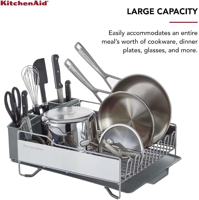 KitchenAid Large Capacity Full Size Rust Resistant Dish Rack with Angled Drain Board and Removable Flatware Caddy, Light Grey - Image 5