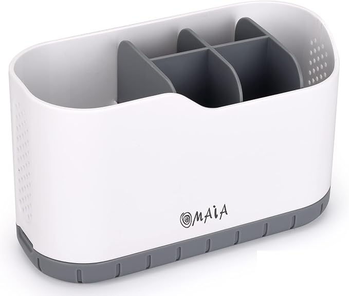 OMAIA Sink Caddy - Sink Organizer for Home, Kitchen, Wash Basin - Holder with Removable Dividers for Sponge, Brush, Toothbrush… White by OMAIA