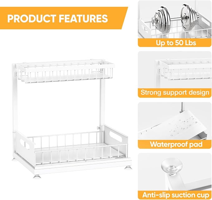 L-Shaped Under Sink Organizer, 2-Tier Pull-out Cabinet Rack 1-Pack | White Height-Adjustable Steel Rack, Sliding Grid Drawers with PP Liners, Holds 100 Lbs, Suction Base, Ideal Kitchen Storage - Image 6